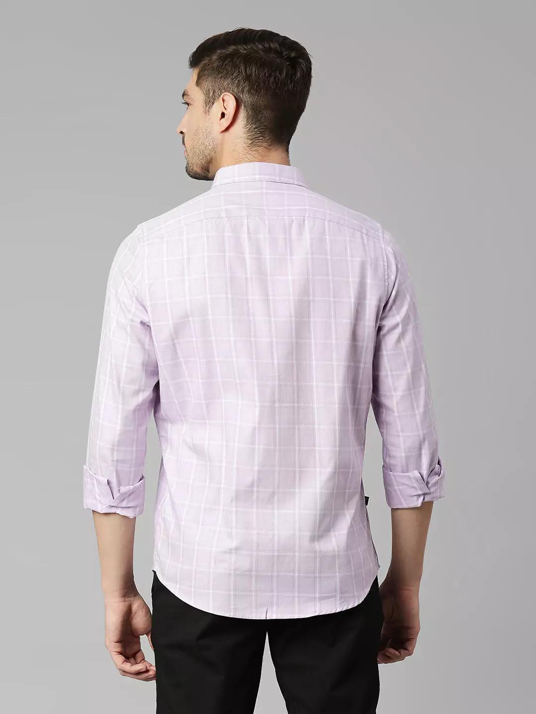 Thomas Scott Men Windowpane Checked Spread Collar Classic Slim Fit Casual Cotton Shirt