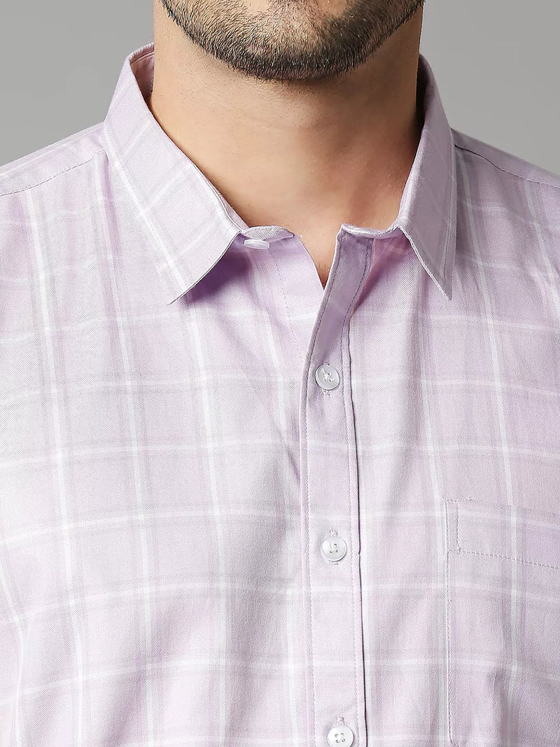 Thomas Scott Men Windowpane Checked Spread Collar Classic Slim Fit Casual Cotton Shirt