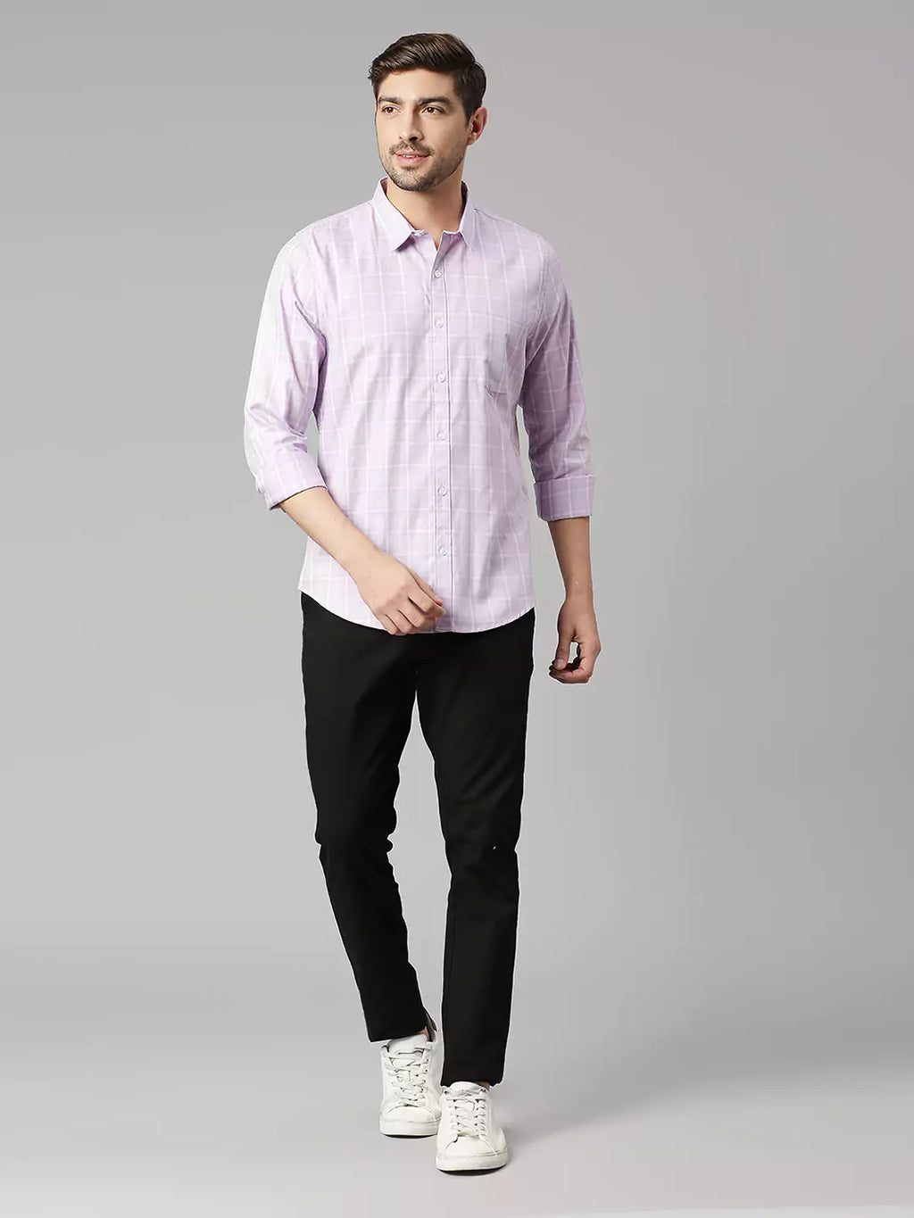 Thomas Scott Men Windowpane Checked Spread Collar Classic Slim Fit Casual Cotton Shirt