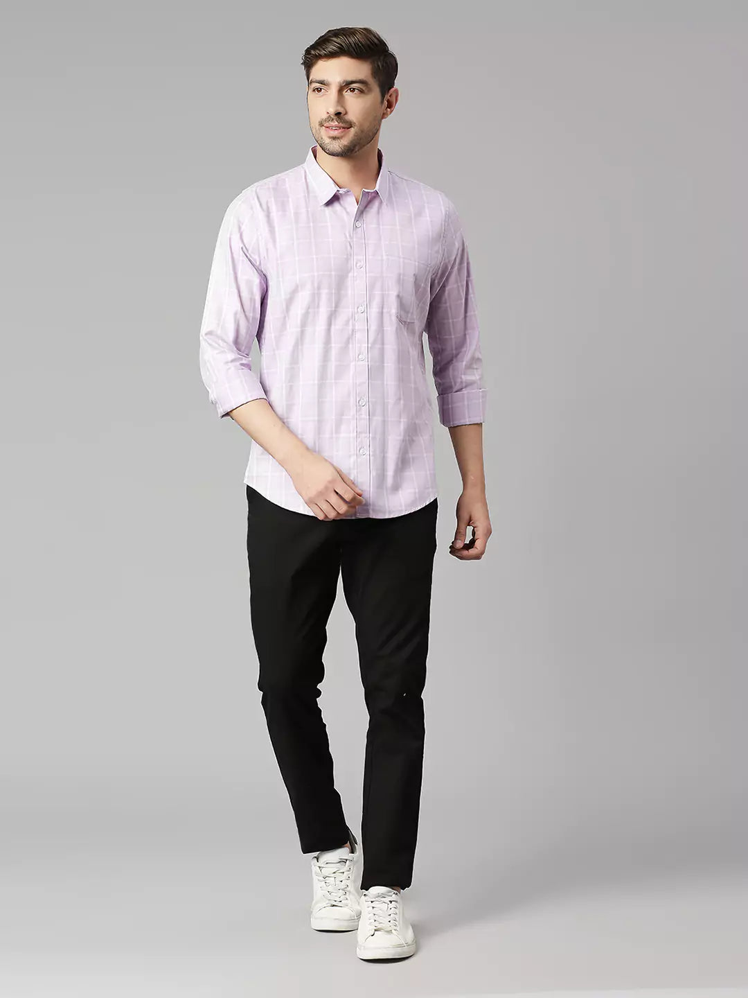Thomas Scott Men Windowpane Checked Spread Collar Classic Slim Fit Casual Cotton Shirt