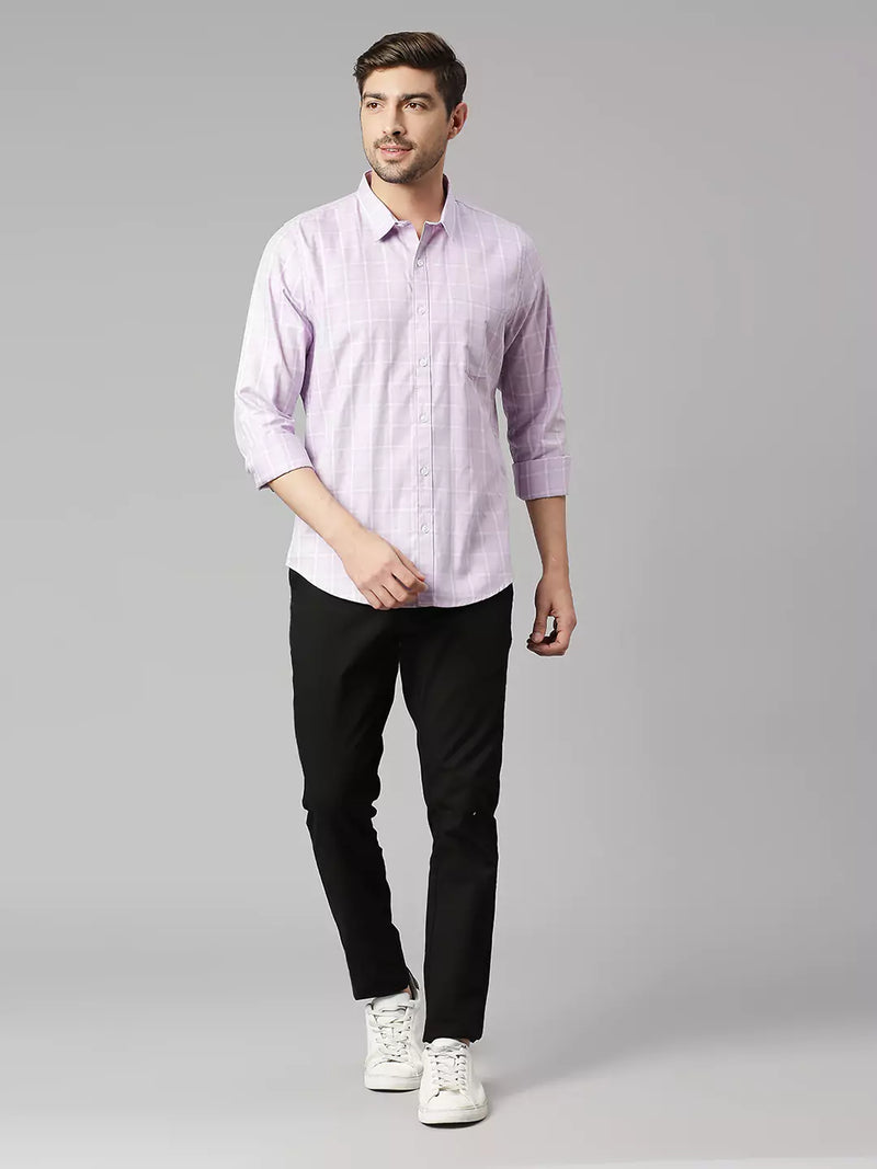 Thomas Scott Men Windowpane Checked Spread Collar Classic Slim Fit Casual Cotton Shirt