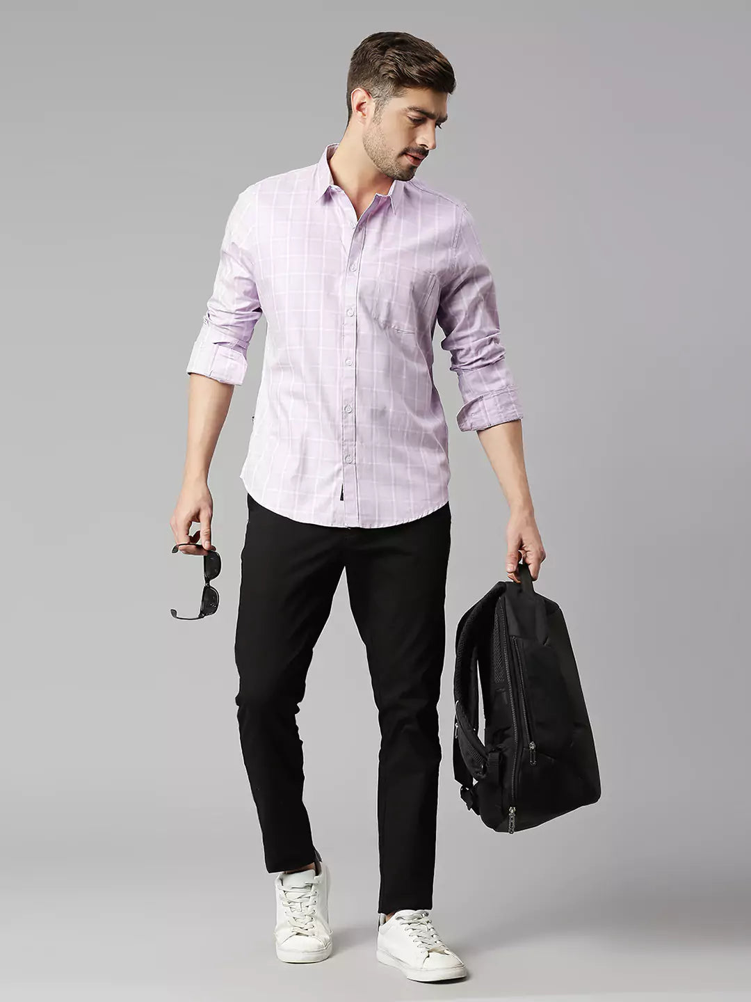 Thomas Scott Men Windowpane Checked Spread Collar Classic Slim Fit Casual Cotton Shirt