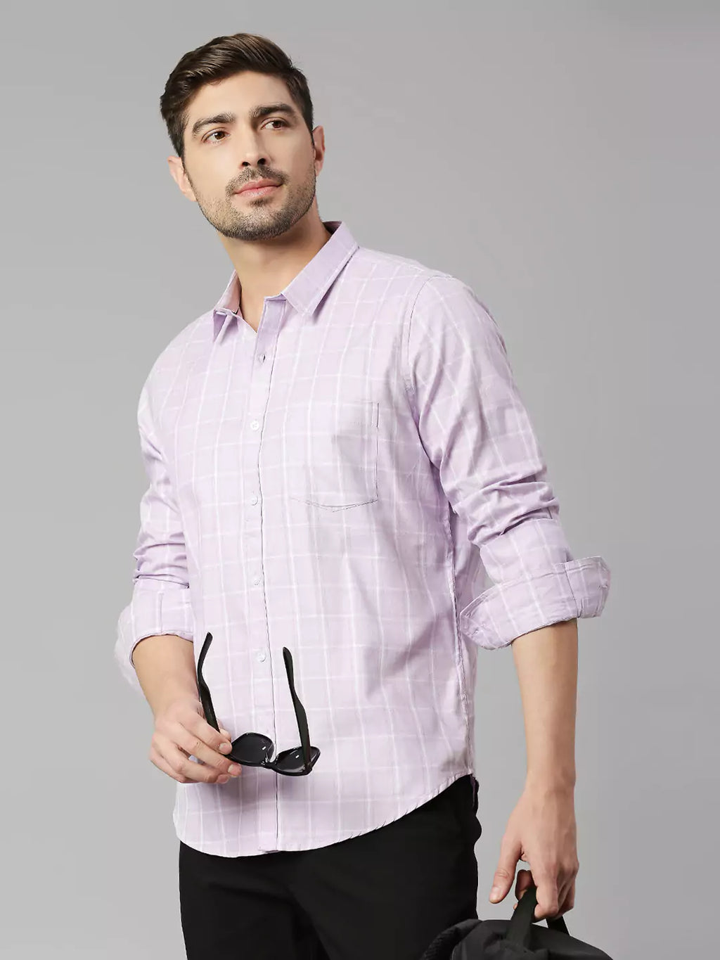 Thomas Scott Men Windowpane Checked Spread Collar Classic Slim Fit Casual Cotton Shirt