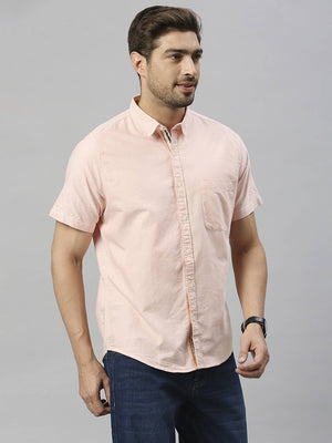 Peach Classic Slim Fit Opaque Cotton Casual Shirt For Men