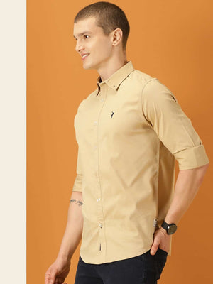 Beige Slim Fit Long Sleeves Button-Down Collar Twill Shirt For Men