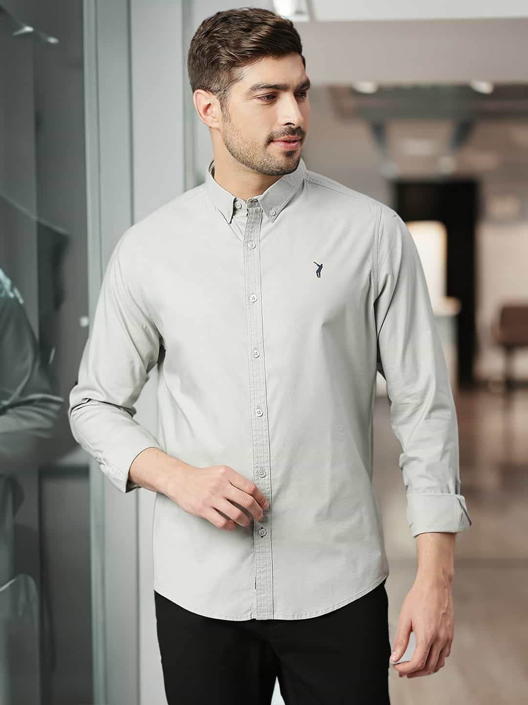 Thomas Scott Men Grey Slim Fit Long Sleeves Button-Down Collar Twill Shirt