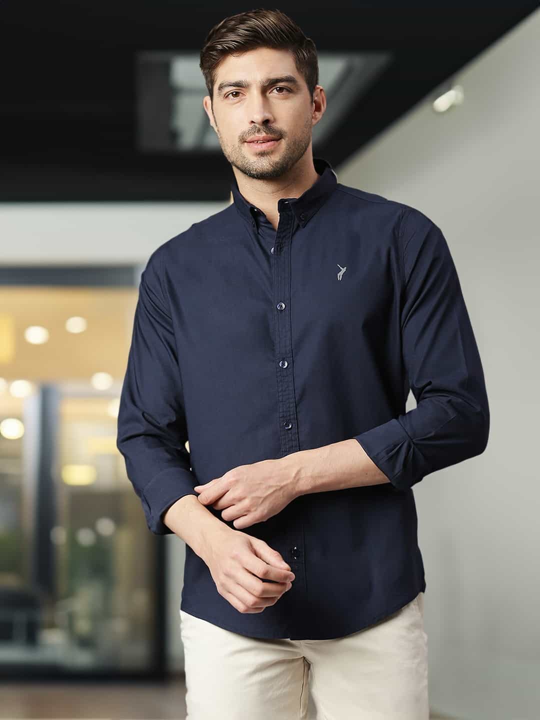 Thomas Scott Men Classic Slim Fit Spread Collar Twill Casual Shirt