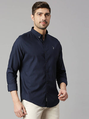 Navy Classic Slim Fit Spread Collar Twill Casual Shirt For Men