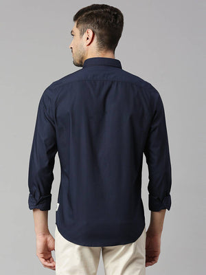 Navy Classic Slim Fit Spread Collar Twill Casual Shirt For Men
