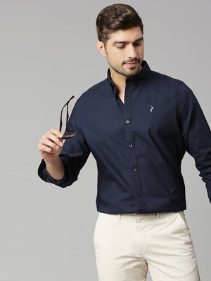 Navy Classic Slim Fit Spread Collar Twill Casual Shirt For Men