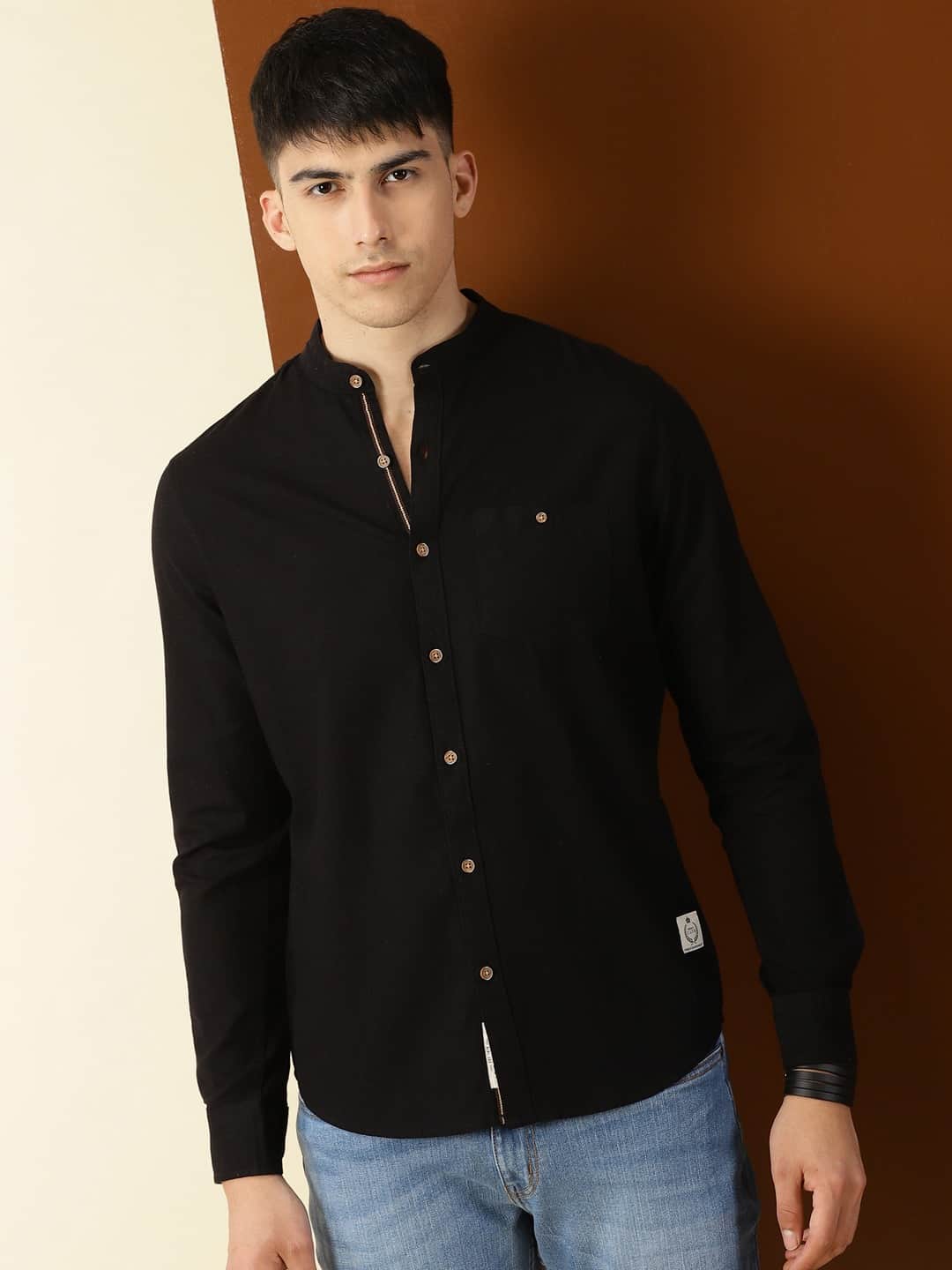 Thomas Scott Men Classic Slim Fit Mandarin Collar Cotton Casual Shirt