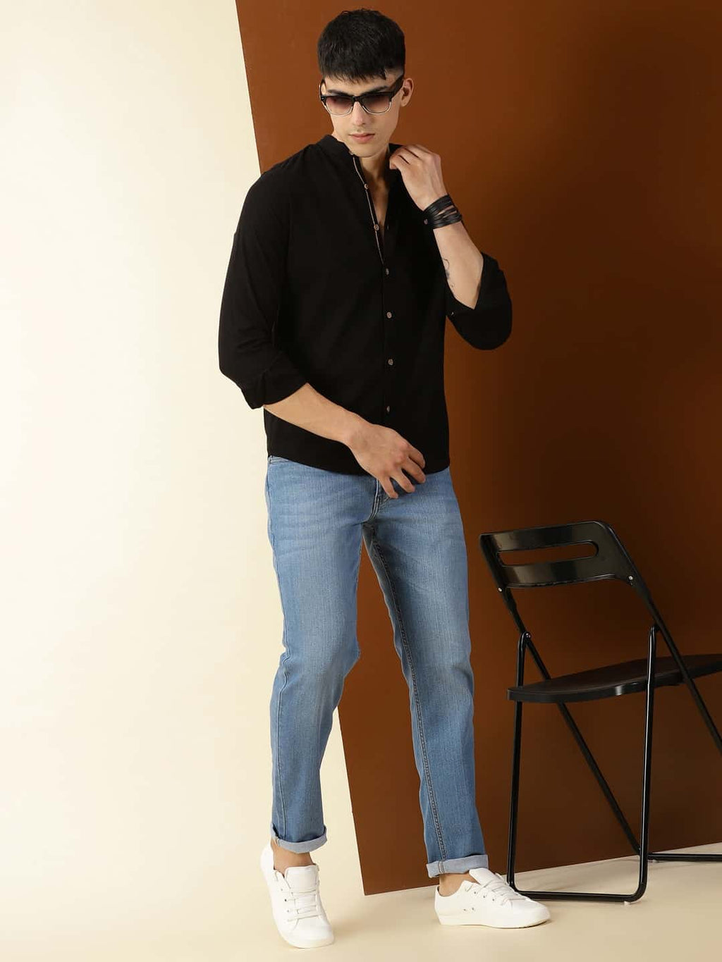 Thomas Scott Men Classic Slim Fit Mandarin Collar Cotton Casual Shirt