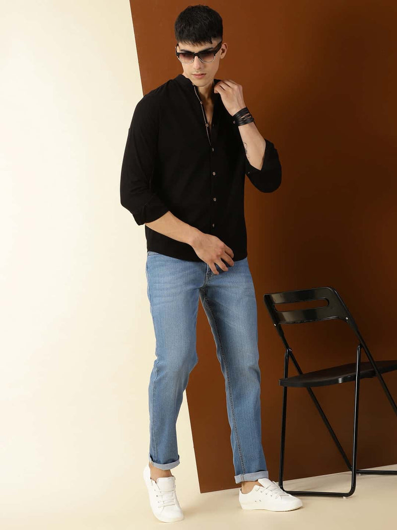 Thomas Scott Men Classic Slim Fit Mandarin Collar Cotton Casual Shirt