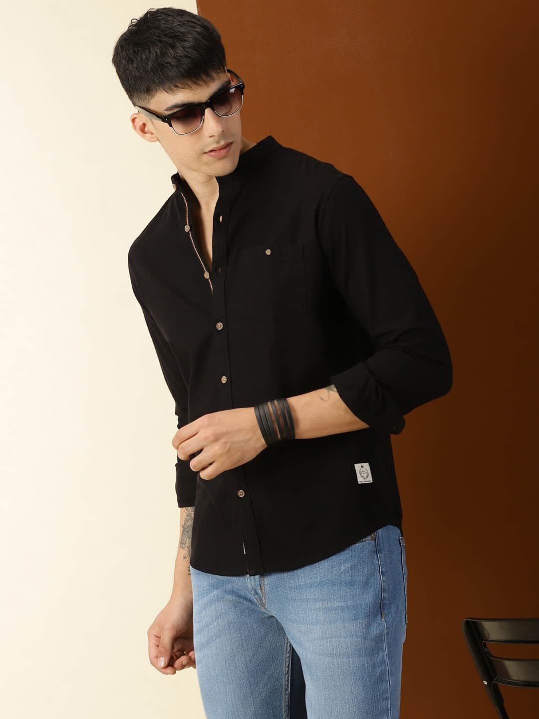 Thomas Scott Men Classic Slim Fit Mandarin Collar Cotton Casual Shirt