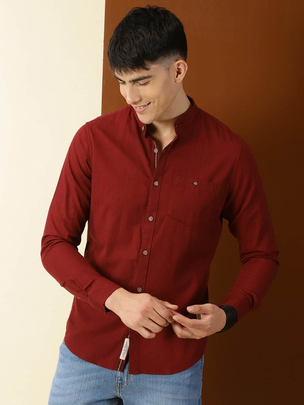 Thomas Scott Men Classic Slim Fit Mandarin Collar Cotton Casual Shirt