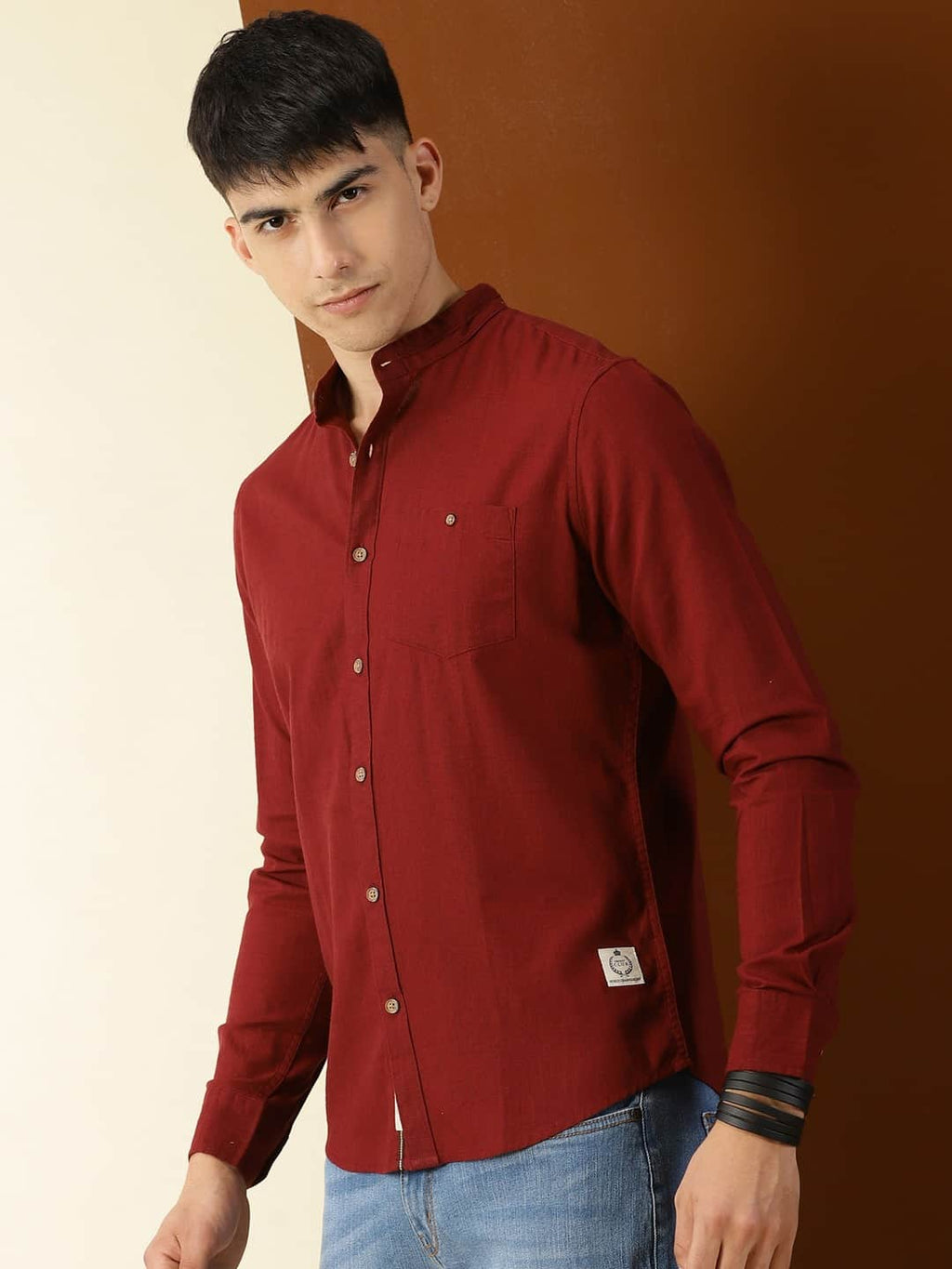 Thomas Scott Men Classic Slim Fit Mandarin Collar Cotton Casual Shirt