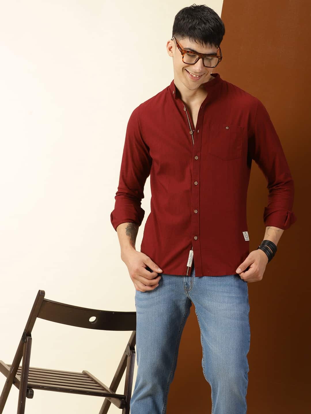Thomas Scott Men Classic Slim Fit Mandarin Collar Cotton Casual Shirt