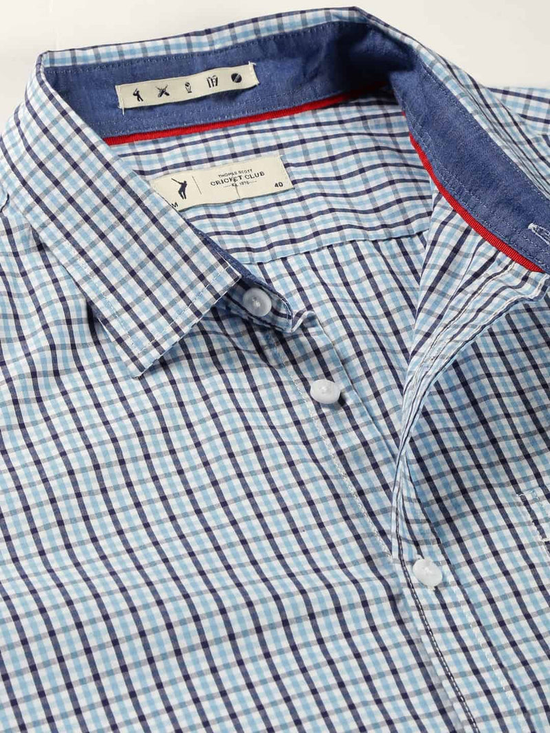 Thomas Scott Men Micro Checks Classic Slim Fit Cotton Casual Shirt