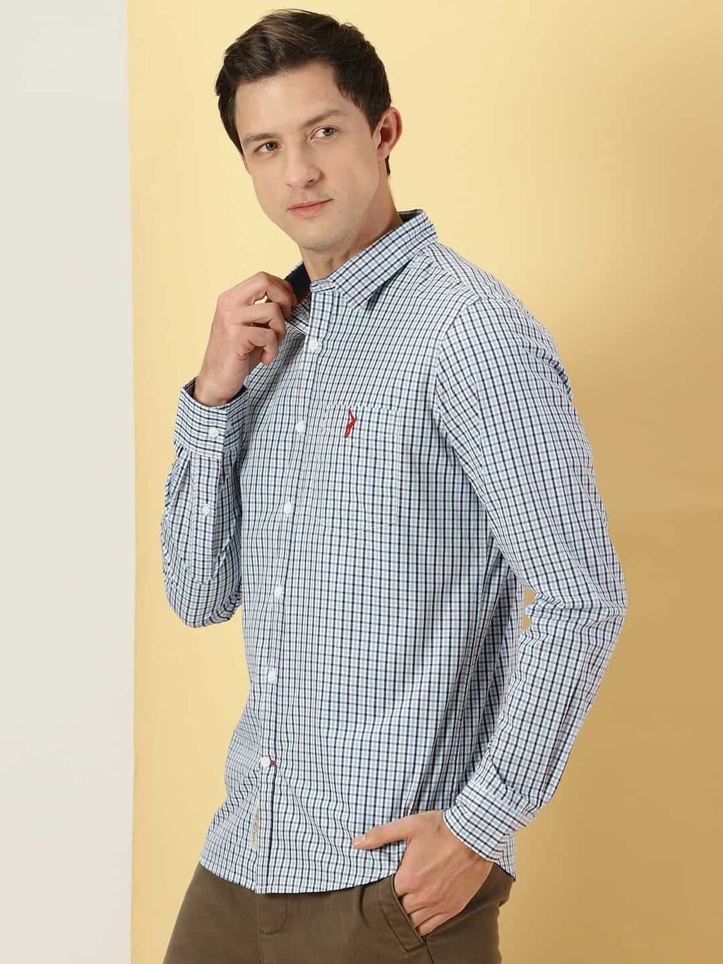 Thomas Scott Men Micro Checks Classic Slim Fit Cotton Casual Shirt