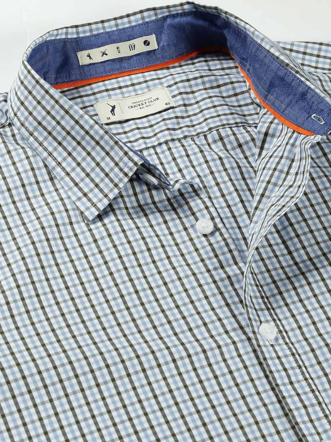 Thomas Scott Men Micro Checks Classic Slim Fit Cotton Casual Shirt