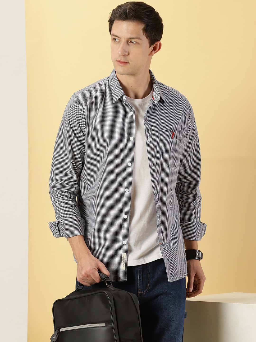 Thomas Scott Men Classic Slim Fit Micro Checked Pure Cotton Casual Shirt