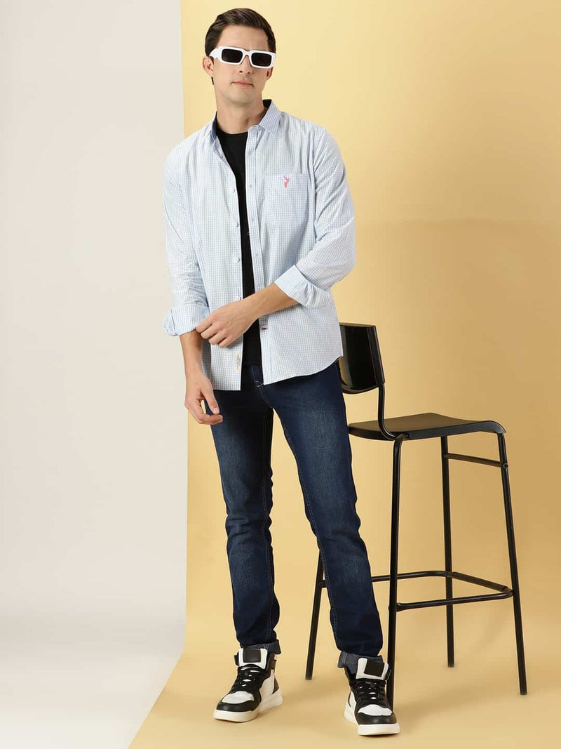Thomas Scott Men Micro Checks Classic Slim Fit Cotton Casual Shirt