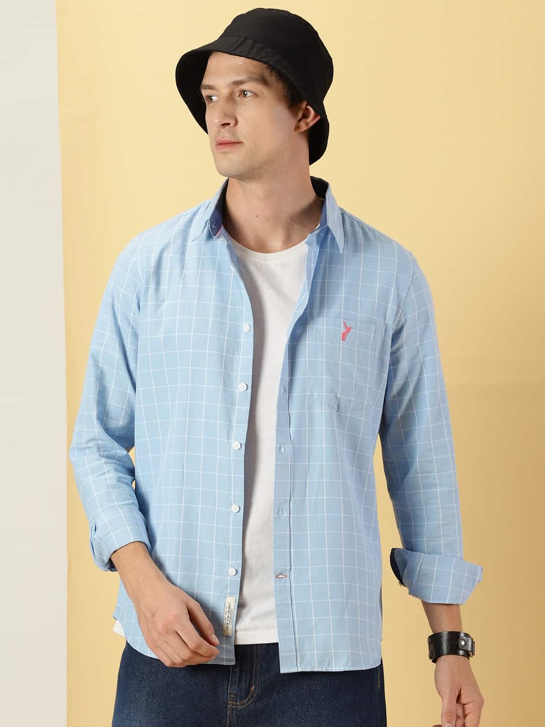 Thomas Scott Men Windowpane Checks Classic Slim Fit Cotton Casual Shirt