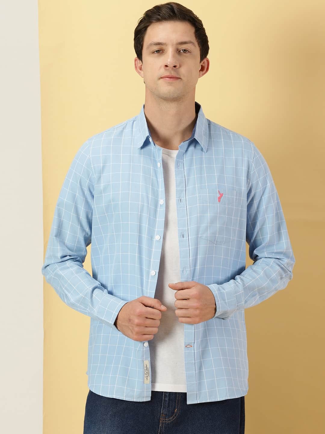 Thomas Scott Men Windowpane Checks Classic Slim Fit Cotton Casual Shirt