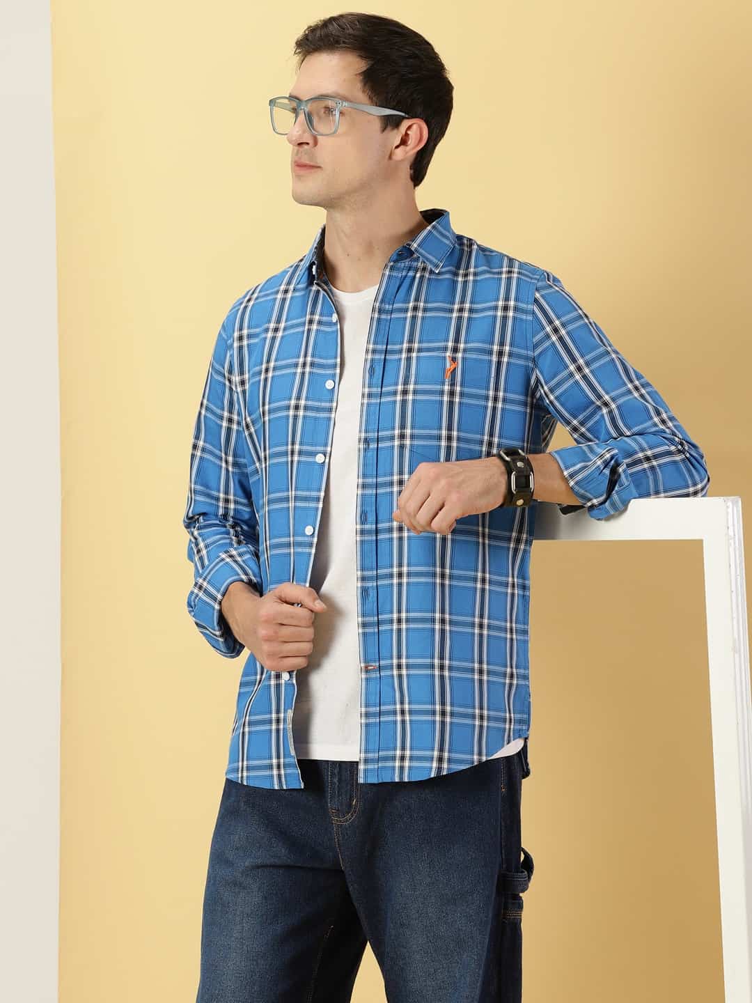 Thomas Scott Men Tartan Checks Classic Slim Fit Cotton Casual Shirt