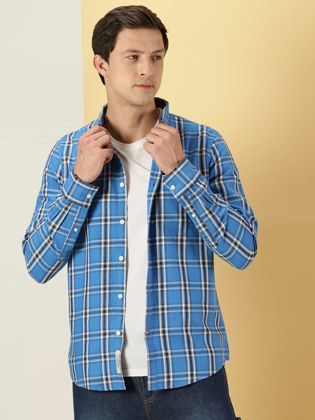 Thomas Scott Men Tartan Checks Classic Slim Fit Cotton Casual Shirt