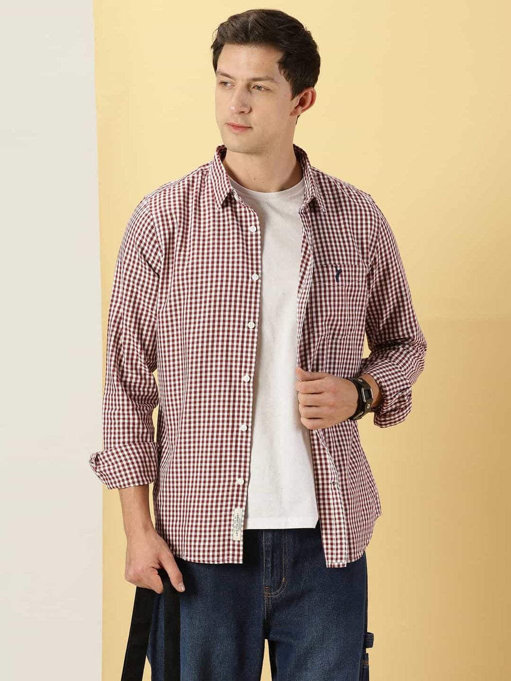Thomas Scott Men Classic Slim Fit Gingham Checked Pure Cotton Casual Shirt