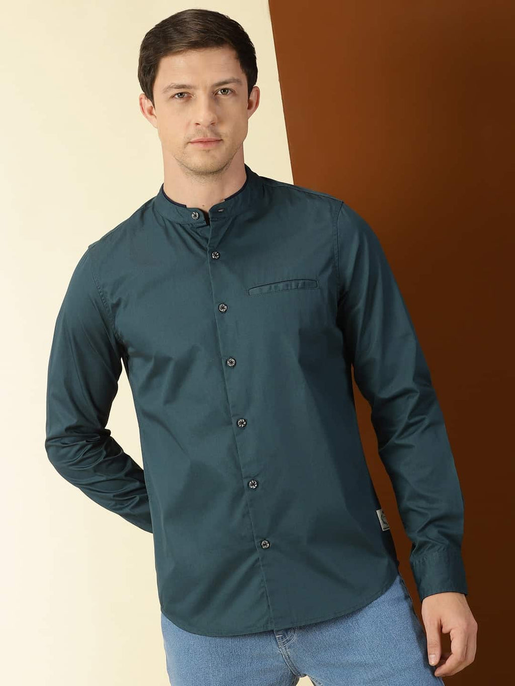 Thomas Scott Men Classic Slim Fit Mandarin Collar Cotton Casual Shirt