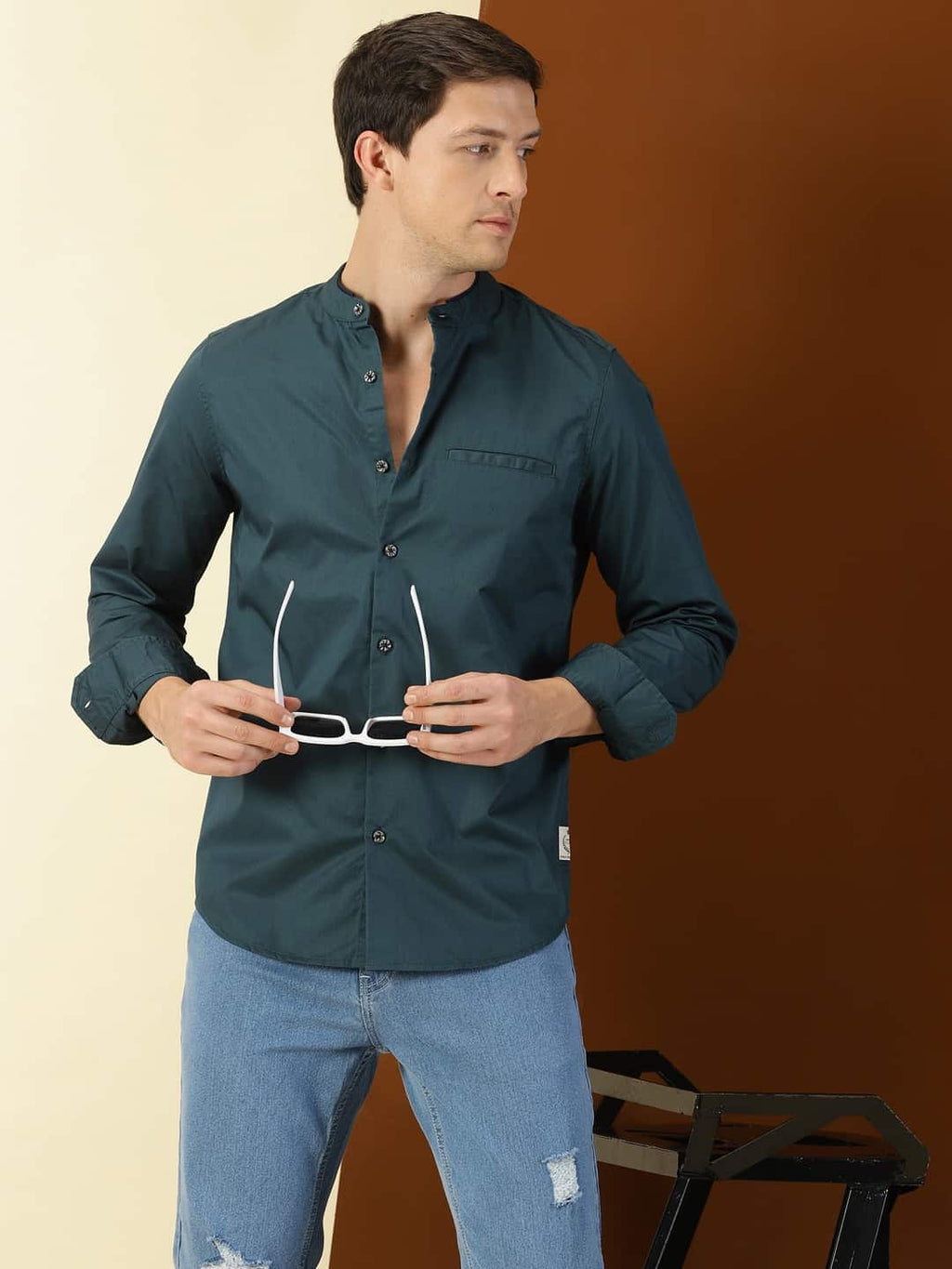 Thomas Scott Men Classic Slim Fit Mandarin Collar Cotton Casual Shirt