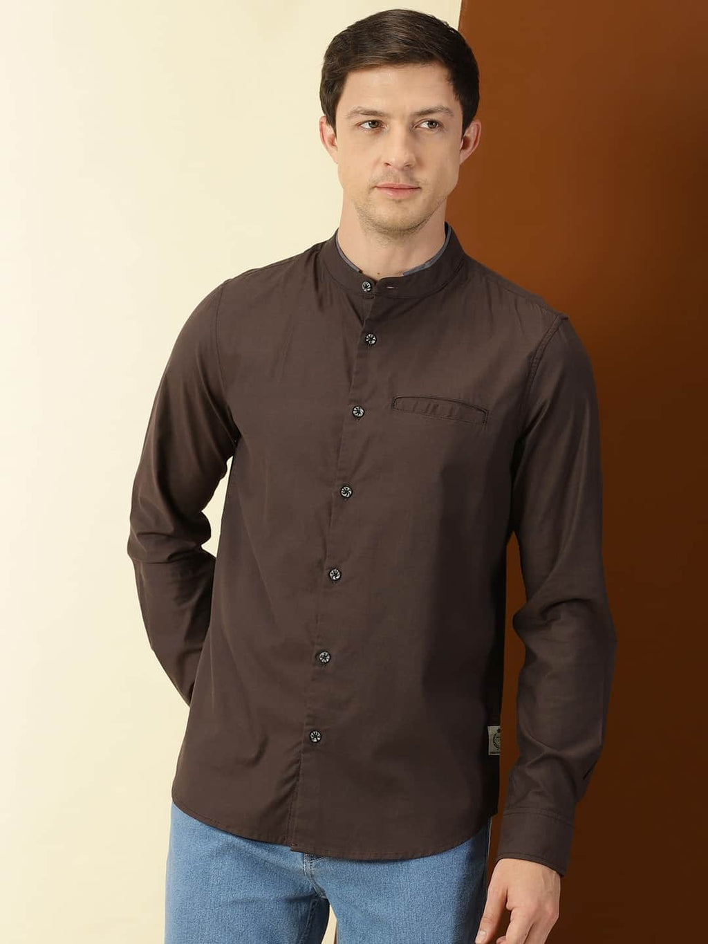 Thomas Scott Men Band Collar Classic Slim Fit Cotton Casual Shirt
