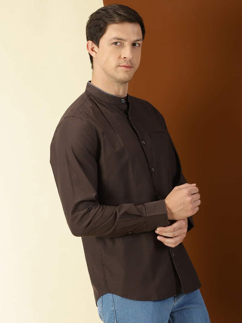 Thomas Scott Men Band Collar Classic Slim Fit Cotton Casual Shirt
