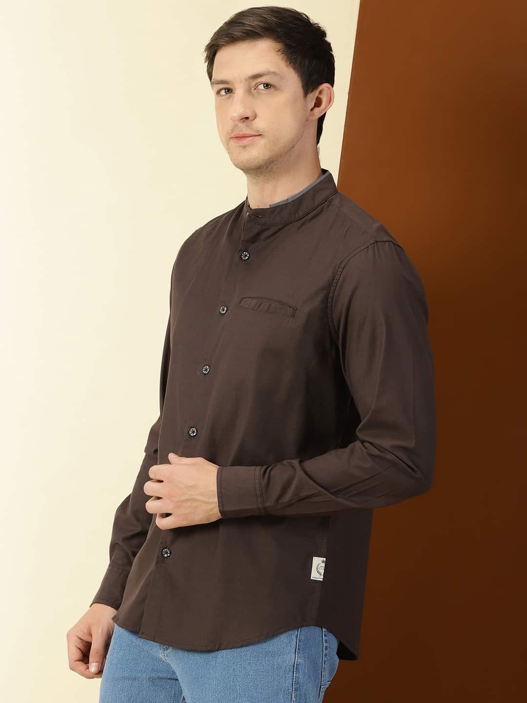Thomas Scott Men Band Collar Classic Slim Fit Cotton Casual Shirt