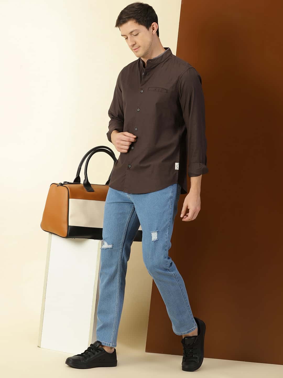 Thomas Scott Men Band Collar Classic Slim Fit Cotton Casual Shirt