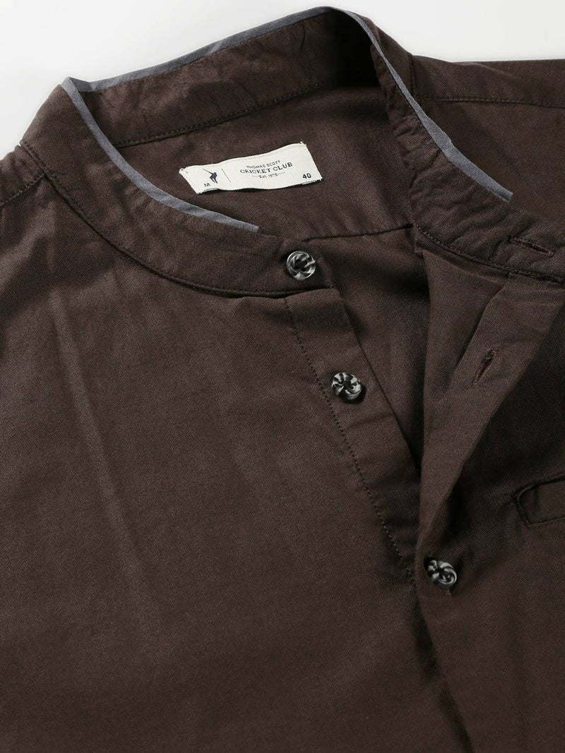 Thomas Scott Men Band Collar Classic Slim Fit Cotton Casual Shirt