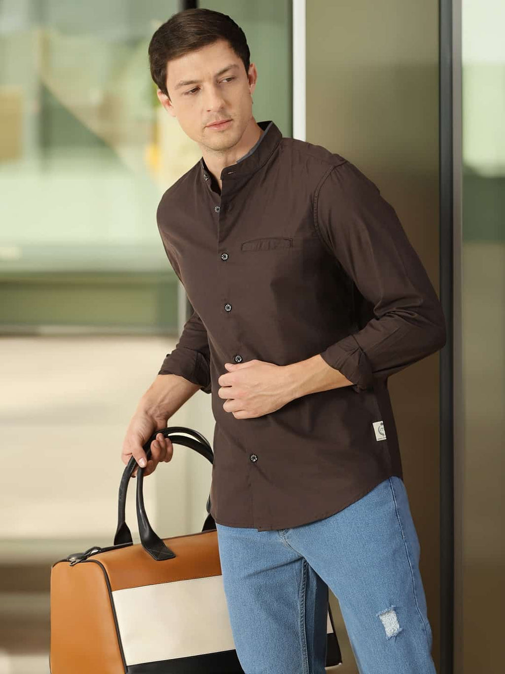Thomas Scott Men Band Collar Classic Slim Fit Cotton Casual Shirt