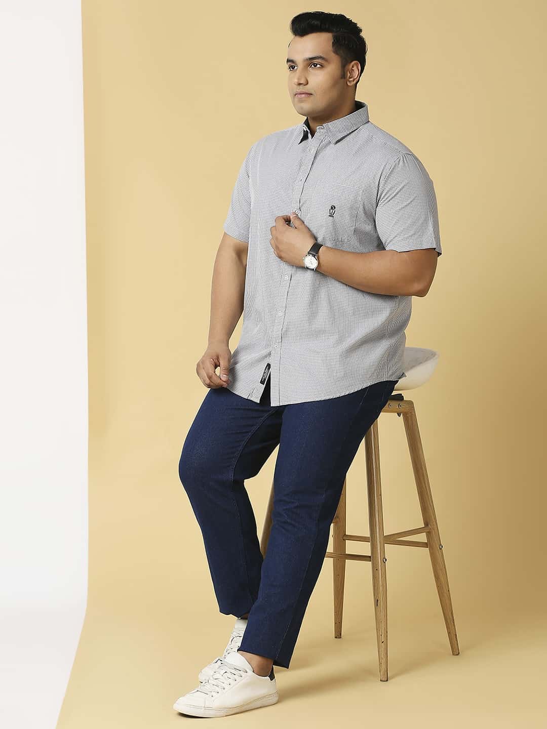 Thomas Scott Men Plus Size Classic Slim Fit Micro Checked Casual Cotton Shirt