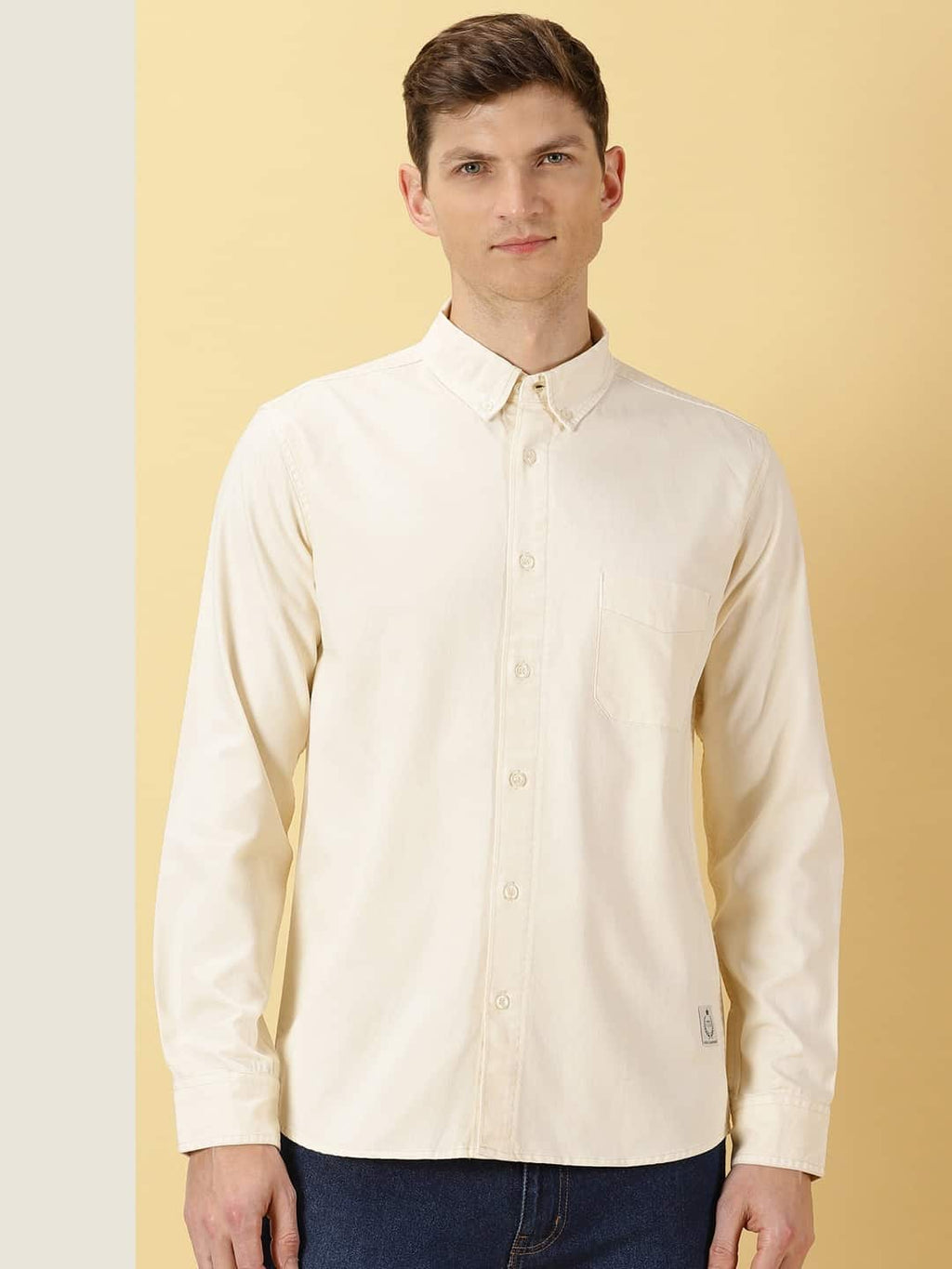 Men Beige Solid Cotton Casual Shirt