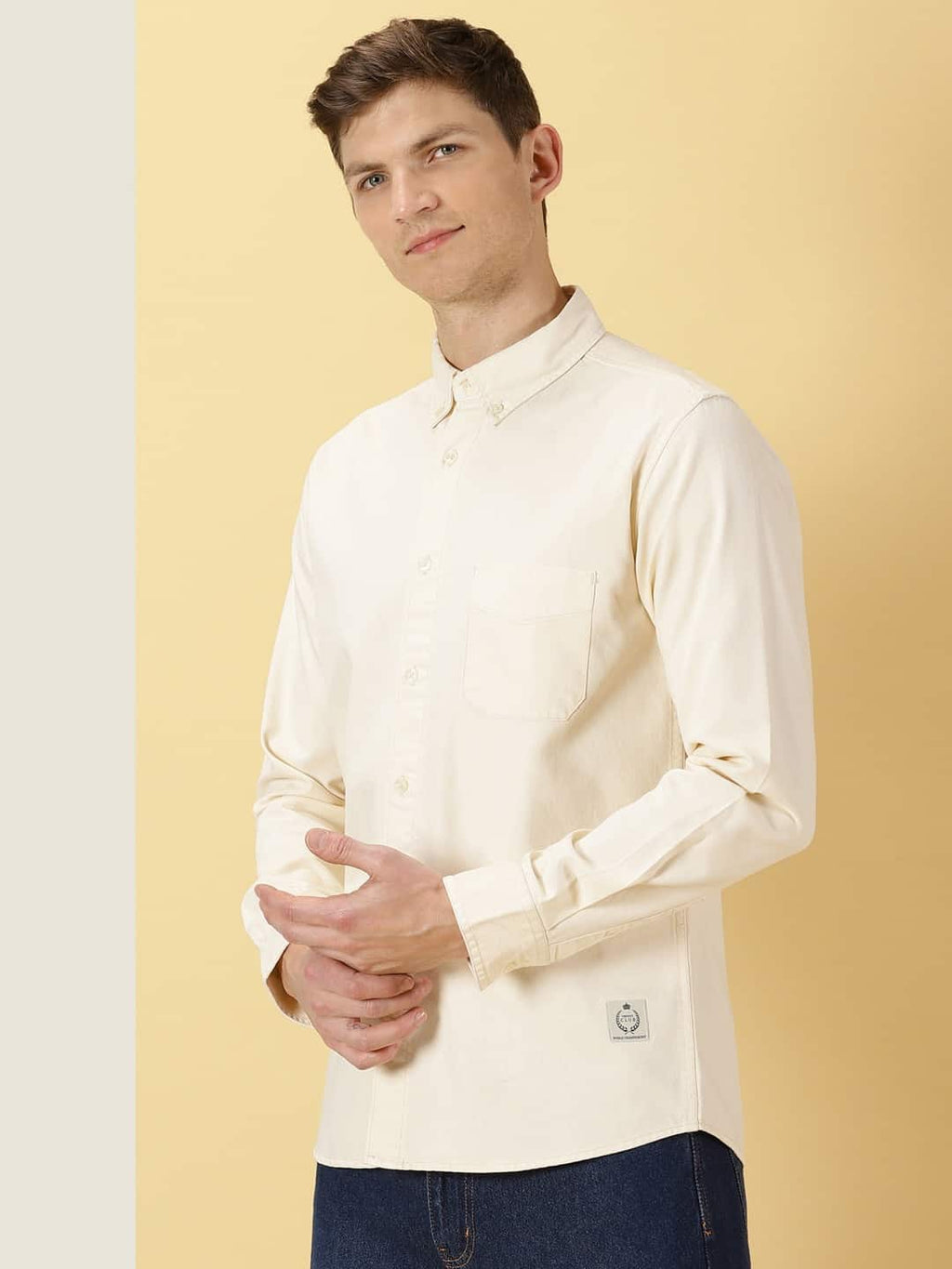 Men Beige Solid Cotton Casual Shirt
