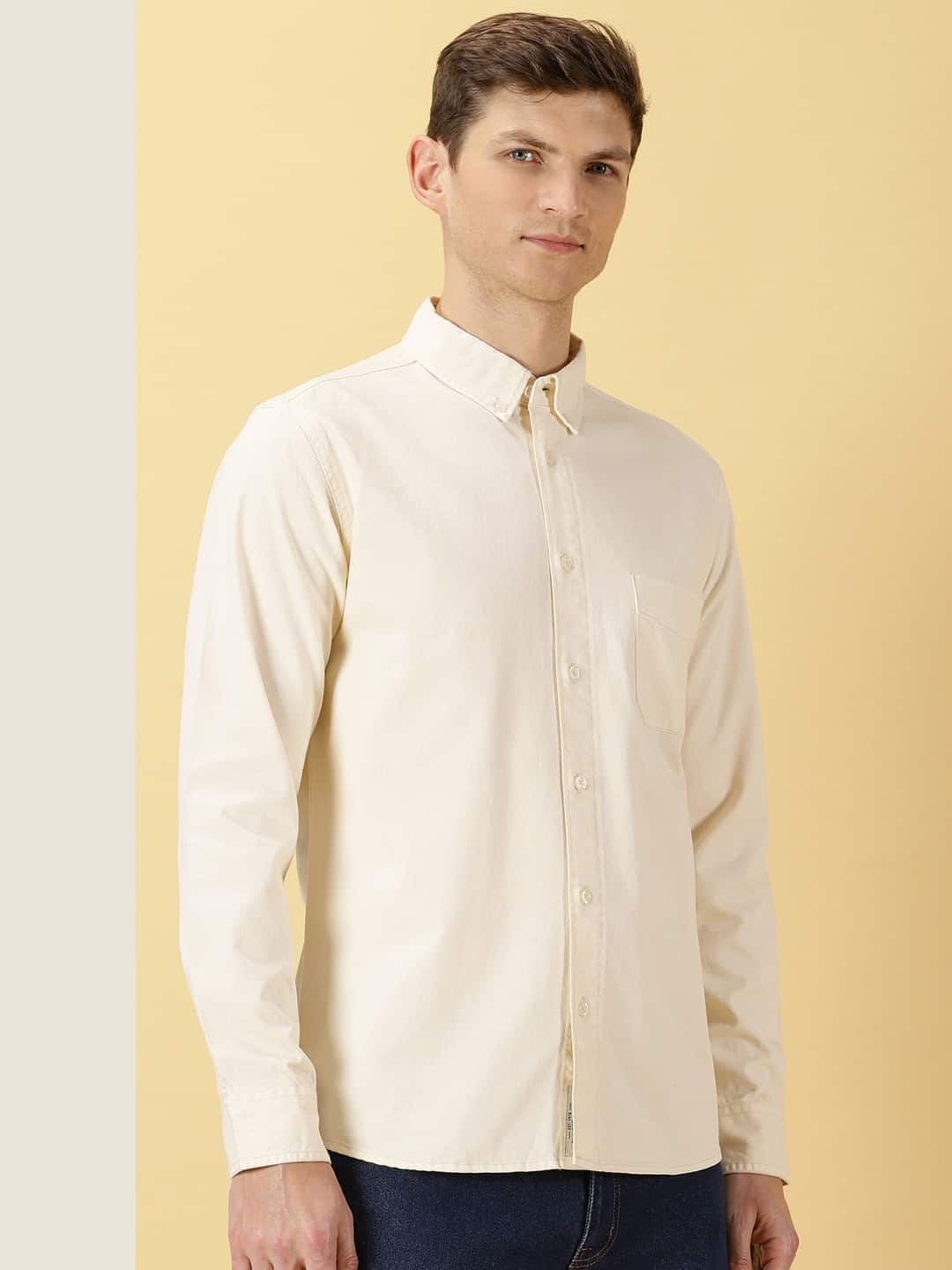 Men Beige Solid Cotton Casual Shirt