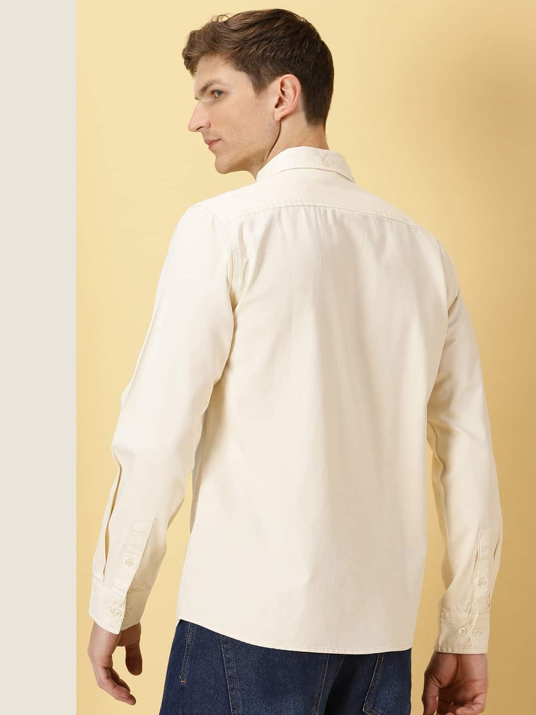 Men Beige Solid Cotton Casual Shirt