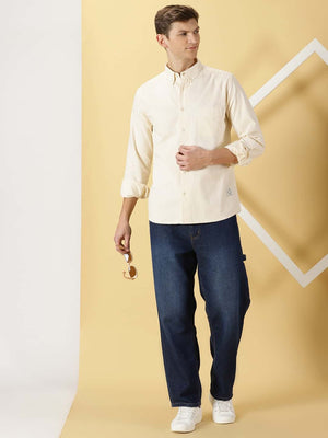 Men Beige Solid Cotton Casual Shirt