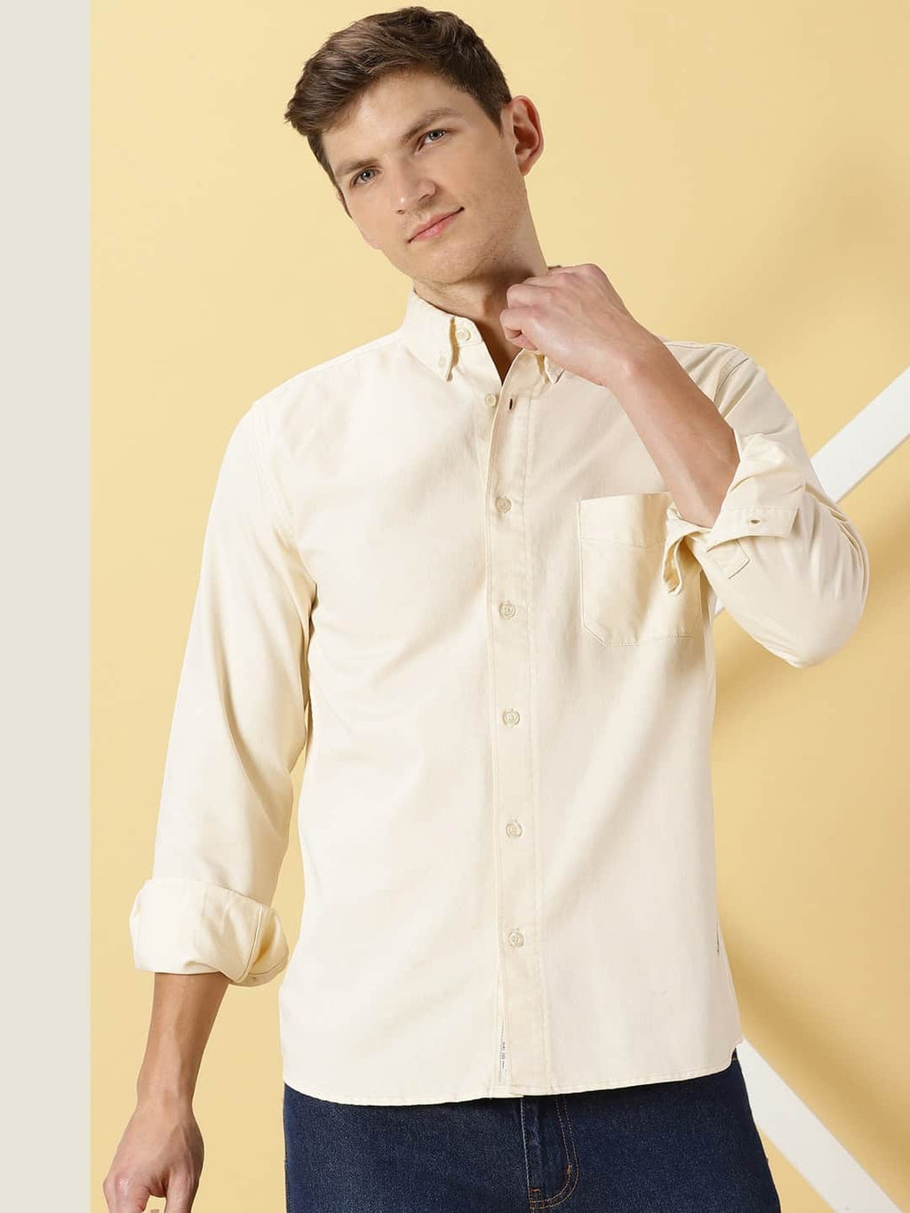 Men Beige Solid Cotton Casual Shirt