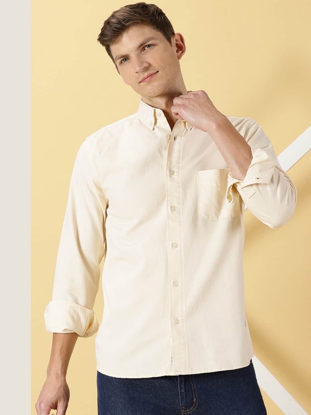 Men Beige Solid Cotton Casual Shirt