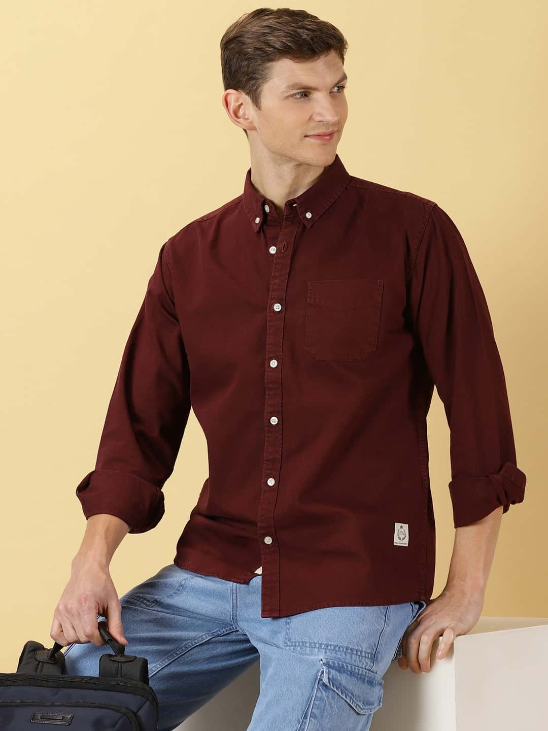 Thomas Scott Men Premium Slim Fit Button Down Collar Pure Cotton Casual Shirt