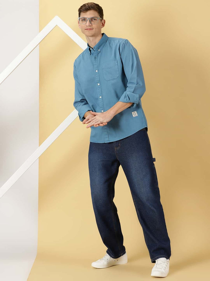 Thomas Scott Men Premium Slim Fit Button-Down Collar Twill Casual Pure Cotton Shirt