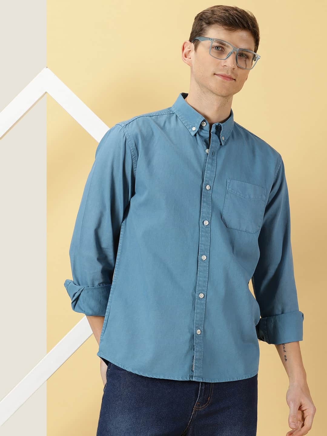 Thomas Scott Men Premium Slim Fit Button-Down Collar Twill Casual Pure Cotton Shirt